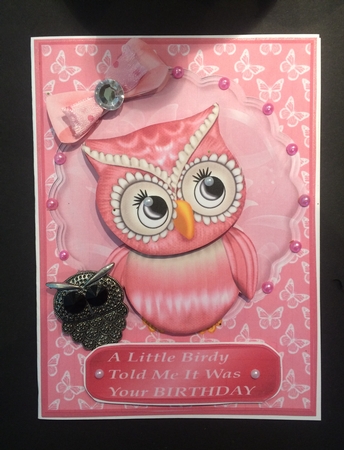 Pink owl birthday card front by Lois Robinson