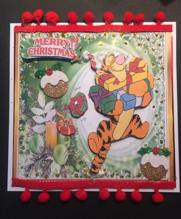 Tigger with presents in santa hat 8x8   by Lois Robinson