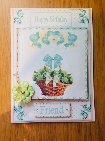 A5 balloons and flower basket quick card front by Lois Robinson