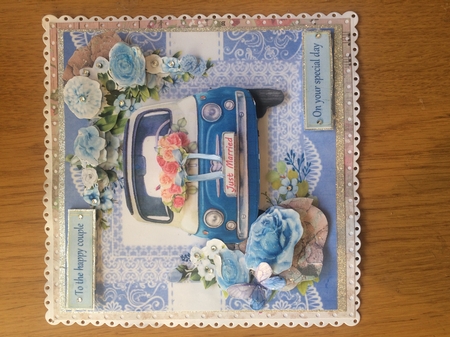 Vintage wedding car with blue flowers 7x7 by Lois Robinson