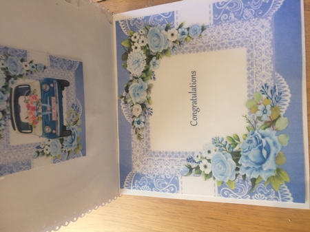 Vintage wedding car with blue flowers 7x7 by Lois Robinson