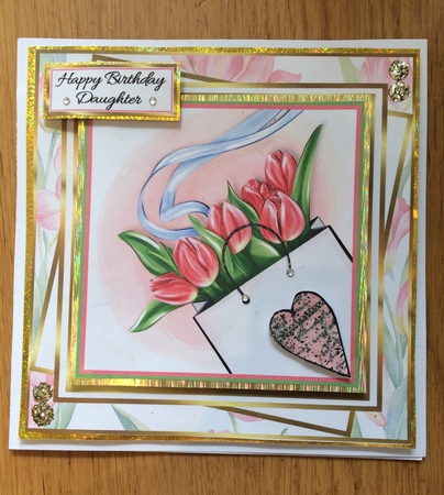 7x7 Beautiful Pink Tulips Card Front, Topper, Gift Tag and Sentiments  by Lois Robinson