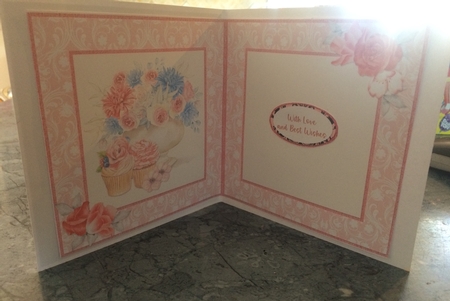 Pretty Pink 11: Rose Bowl & Cupcakes 6 x 6 Card Insert with Pink/White Brocade Background, Blank by Lois Robinson