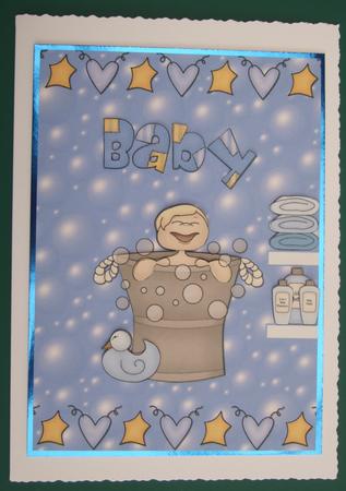 New Baby Boy Bathtime Quick Card Front with Decoupage by Lorraine Reed