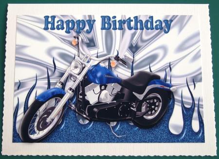 Blue Motor Bike on Blue Flames, Birthday A4 by Lorraine Reed