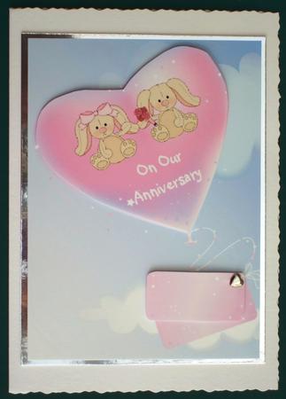 Our Anniversary Pink Bunny Pink Hearts Flying Tag by Lorraine Reed