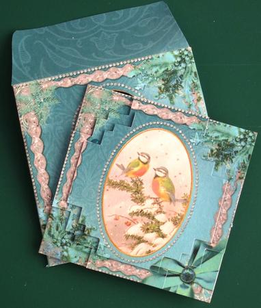 Christmas Blue Tits Ice Card Envelope Block Stacker Aio by Lorraine Reed