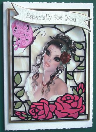 Pretty Lady with Ornate Window and Butterfly A4 by Lorraine Reed