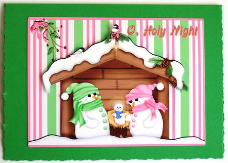 O Holy Night Snowmen Manger Quick Card by Lorraine Reed