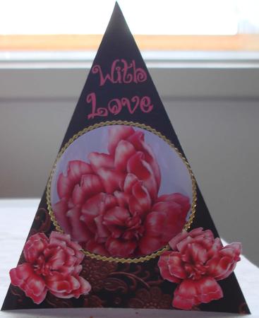 Pink Roses on Chocolate Triangle-dangle by Lorraine Wilson
