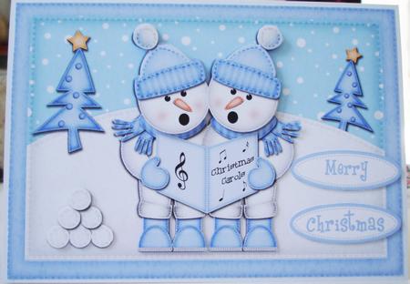 A5 Xmas Singing Snowmen Quick Card N 3D Decoupage by Lorraine Wilson