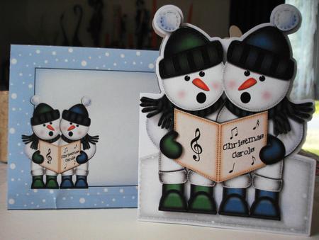 3D Xmas Singing Snowmen Shaped Card with Decoupage by Lorraine Wilson