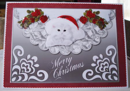 Kitten in Red Santa Hat with Roses Scalloped Envelope by Lorraine Wilson