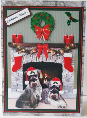 Schnauzer Duo Christmas Fireplace 3D Decoupage by Lorraine Wilson