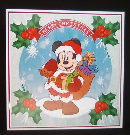 Lovely mickey mouse snow scene with holly 8x8 by Louisa Price