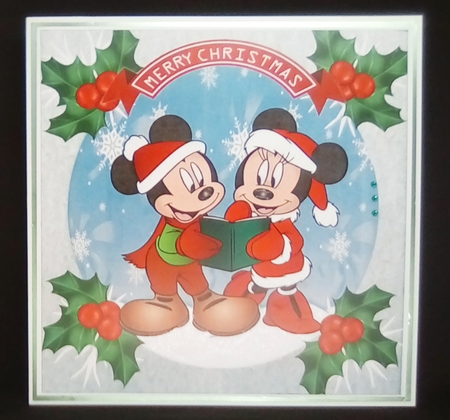 Lovely mickey/minnie mouse singing snow scene with holly 8x8 by Louisa Price