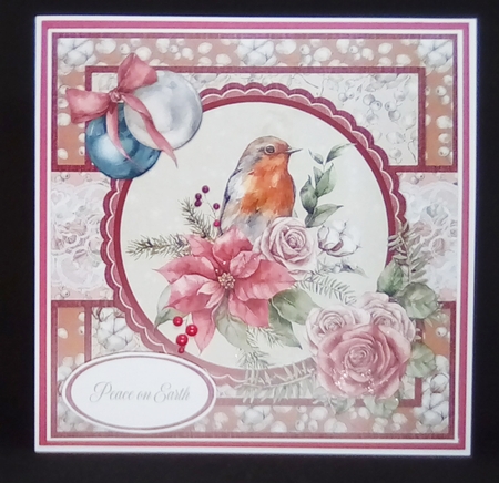 Shabby Chic Christmas 13/Robin & Poinsettias 8 x 8 Card Front wih Sentiments,  Fawn/Ivory/Pink by Louisa Price