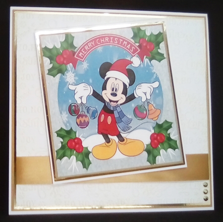 Lovely mickey mouse snow scene with baubles holly toppers (two) by Louisa Price