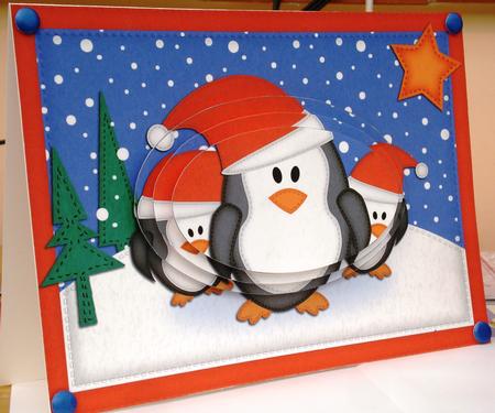 A5 Xmas Penguins Felties Oval Pyramage Topper by Louise Burke