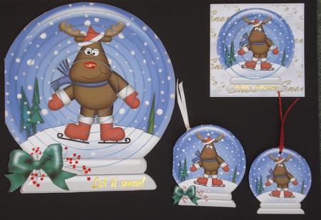 3D Xmas Skating Rudolph Snowglobe Circle Pyramage Card by Louise Burke