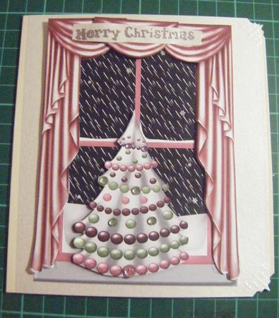 Pink Christmas Tree with Snow Window Scene by Louise Fenton