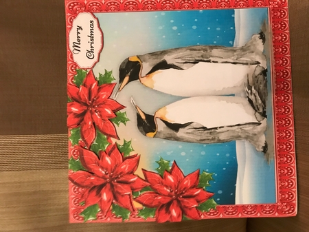 Gorgeous Penguins With Red Poinsettias 8x8 by Louise Parr
