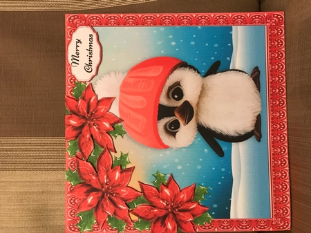 Gorgeous Penguin In A Bobble Hat With Red Poinsettias 8x8 by Louise Parr