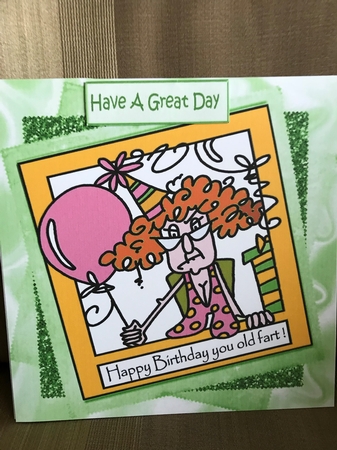 Friend Happy Birthday you old fart with balloons (green stackers) 8x8 by Louise Parr
