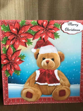 Gorgeous Santa Bear With Red Poinsettias 8x8 by Louise Parr