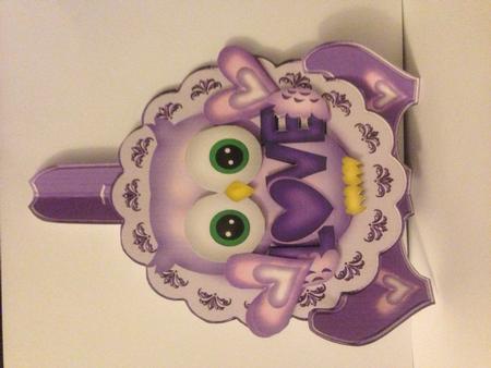 Cute Little Lilac Owl with Heart, on a Plate & Stand by Louise Parr