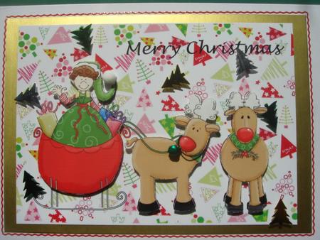 Xmas Reindeer and Elf in Sleigh A4 Card Front by Luciana Brincat Xuereb