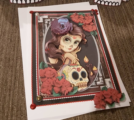 Sugar Skulls Card Front with Roses by Lucy Evison-Birks