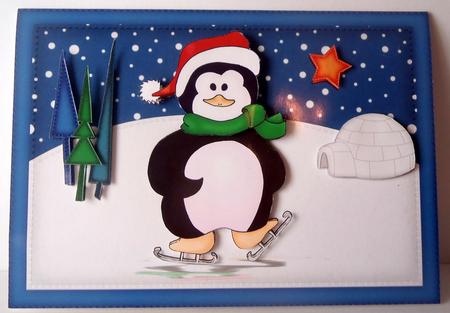 A5 Xmas Skating Penguin Quick Card N 3D Decoupage by Lyn Ainscough-Ambrose