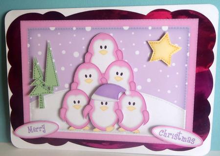 A5 Xmas Penguins Quick Card N 3D Decoupage by Lyn Ainscough-Ambrose