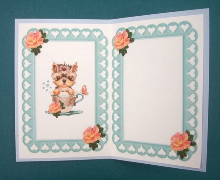 cute little yorkie in a teacup with roses and bow A5 insert by Lynda Harman