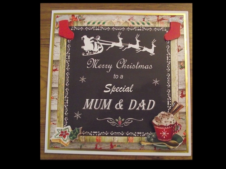 Merry Christmas Mum & Dad Decoupage 8x8ins Topper  by Lynda Harman