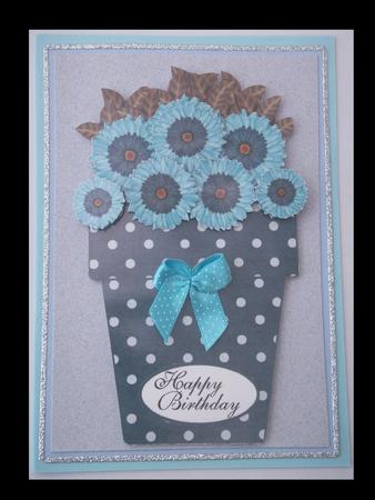Blue & Dark Teal Polk Dot Flower Pot Card by Lynda Harman