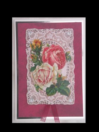 Beautiful Red Roses on Vintage Lace, Oval Pyramids by Lynda Harman