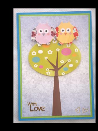 Pretty A4 Owl Couple Card Front by Lynda Harman