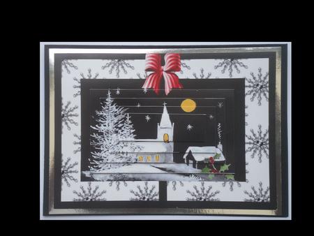 Black and White Christmas Church Pyramid Card Front by Lynda Harman