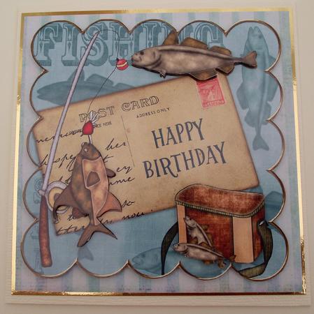 Teal Fishing Happy Birthday 8in Decoupage Step by Step by Lynda Harman