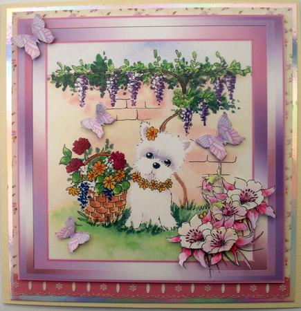 8x8 Westie, Aquilegia and Butterflies Topper by Lynda Harman