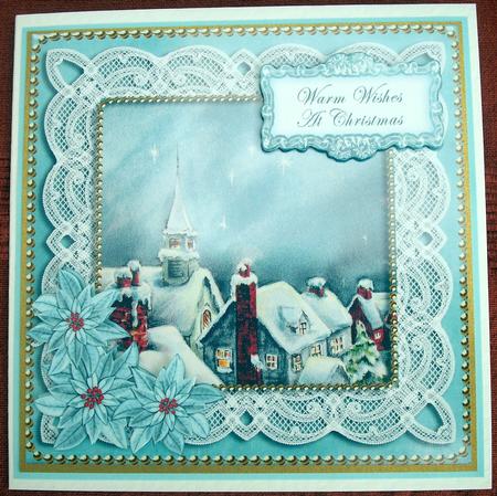 Blue Rooftops Warm Christmas Wishes 8in Sentiment Topper by Lynda Harman