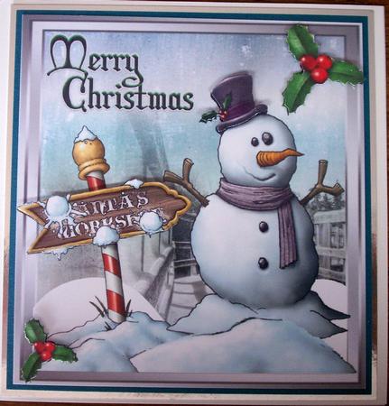 Snowman with Santa's Grotto Sign 8x8 by Lynda Harman