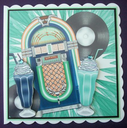 Jukebox, Records and Milkshakes Turq Memorabilia 8x8 by Lynda Harman