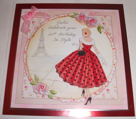Chic lady in red & black polka dot dress female birthday card topper for 6x6 card  by Lynda McCracken
