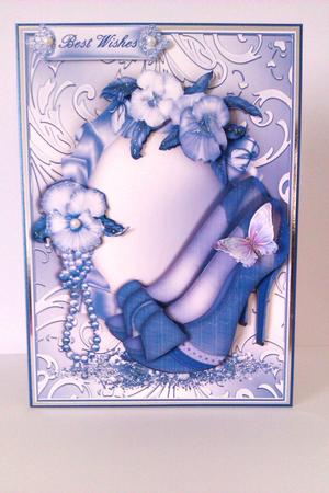 Blue Denim Peep Toe Shoes and Pansy Card Front by Lynda Tully