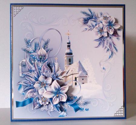 8x8 Snowy Church with Winter Flowers 2 by Lynda Tully