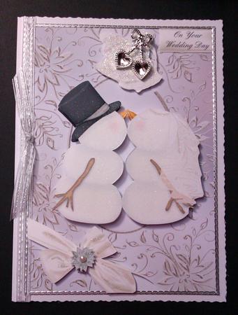 Snowman Winter Wedding Card Front by Lynda Tully