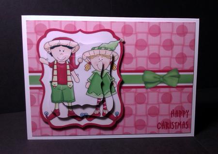 Elves Happy Christmas Pyramage Card - Red & Green 2 by Lynda Tully